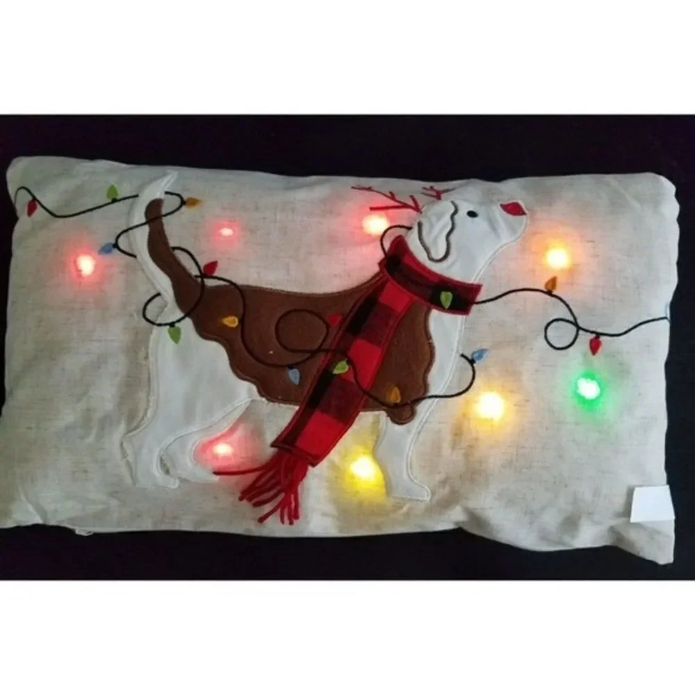 174 Accent Pillow Reindeer Dog Christmas Holiday Blinking Light-Up Buffalo Plaid